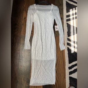 White Mesh Pearl & Rhinestone Knee-Length Dress